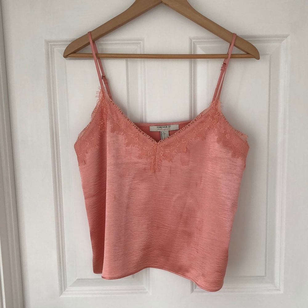 Peach Satin Tank with Lace Detail